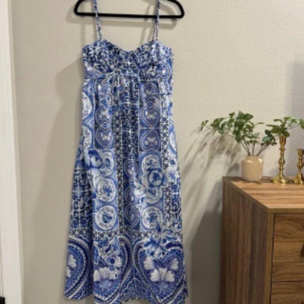 Caroline Constas NWT Medium Blue White Floral Sweatheart Midi Dress Boho Resort